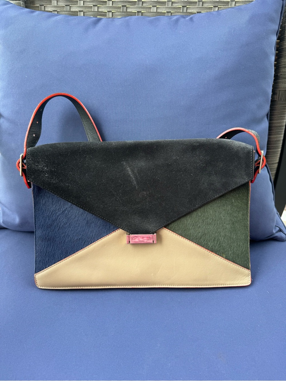 Colorblock Leather & Suede Shoulder Bag in Black, Navy, Green, Beige